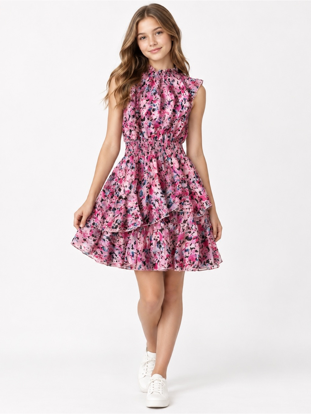 Girls' Pink Floral Smocked Tiered Halter Dress